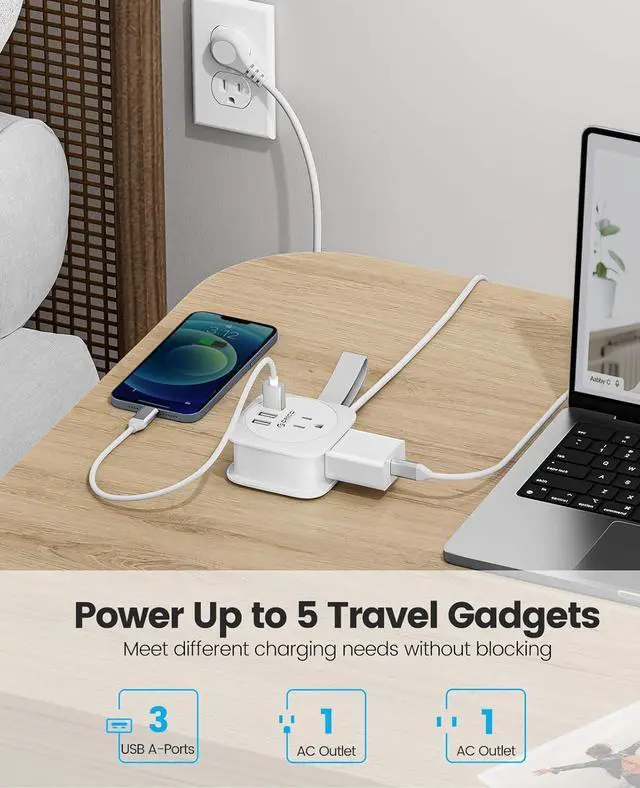 Alt view image 6 of 7 - Travel Power Strip with USB Ports, Cruise Ship Essentials Small Extension Cord with 3 USB 2 Outlets 3.7 Ft Wrapped Around, Compact and Portable Mini Accessories Travel Must Haves, White