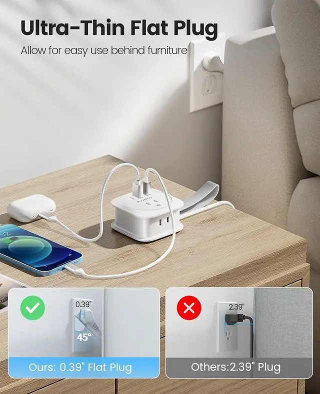 Alt view image 3 of 7 - Travel Power Strip with USB Ports, Cruise Ship Essentials Small Extension Cord with 3 USB 2 Outlets 3.7 Ft Wrapped Around, Compact and Portable Mini Accessories Travel Must Haves, White