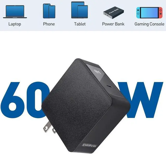 Alt view image 2 of 2 - 60W USB C Wall Charger (USB C Charger) in Black - Supports 60W Power Delivery Charging - Includes 3m / 9.8 ft USB-C Charging Cable, Compatible with XPS, MacBook, iPad, Switch and More