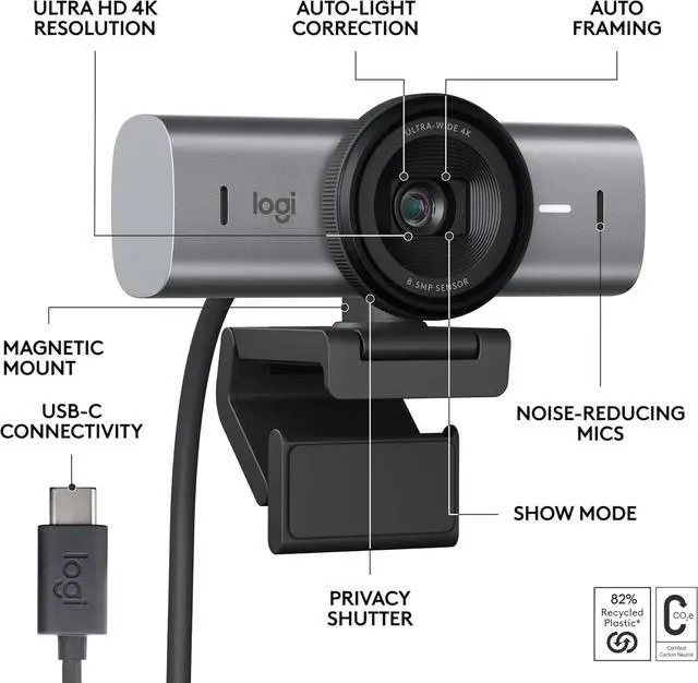 Alt view image 2 of 7 - MX Brio Ultra HD 4K Collaboration and Streaming Webcam, 1080p at 60 FPS, Dual Noise Reducing Mics, Show Mode, USB-C, Webcam Cover, Works with Microsoft Teams, Zoom, Google Meet - Graphite