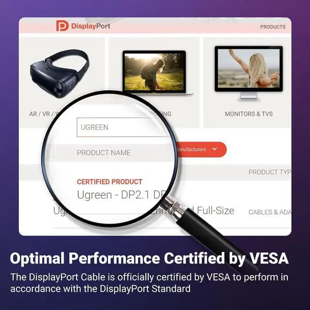 Alt view image 3 of 7 - UGREEN DisplayPort Cable 2.1 [VESA Certified] DP2.0 40Gbps Support 16K@30Hz 8K@240Hz 4K@240Hz HDR, HDCP, DSC 1.2a, Braided Display Port Cable Cord Compatible FreeSync G-Sync Video Card Monitor, 6.6FT