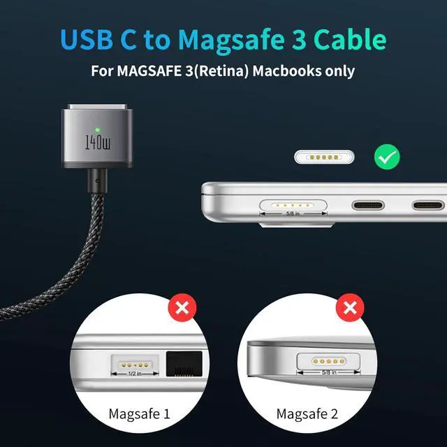 Alt view image 2 of 7 - mcdodo 140W USB C to Magsafe 3 Cable, MacBook Air Charger Magnetic Cable Compatible with MacBook Pro/Air M1 M2 M3(2021-2024 14"&16")-6.6ft