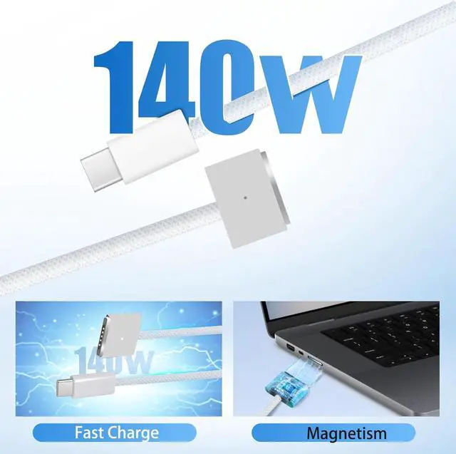 Alt view image 3 of 7 - 140W USB-C to Magnetic 3 Power Cable, Compatible with MacBook Pro M1/M2/M3 Pro/Max 14"/16" 2021/2022/2023 & MacBook Air 13.6"/15.3" M2/M3 2022/2023/2024-6.6ft (Silver)