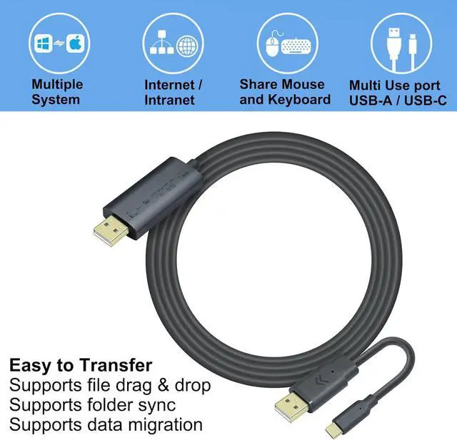 Alt view image 3 of 7 - DTech Computer to Computer USB Cable 6ft PC to PC Data Transfer Cord USB-C USB-A Windows 11 10 8 7 Vista XP MAC for USB 2.0 High Speed Easy File Sync Software Included