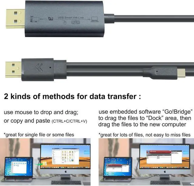 Alt view image 2 of 7 - DTech Computer to Computer USB Cable 6ft PC to PC Data Transfer Cord USB-C USB-A Windows 11 10 8 7 Vista XP MAC for USB 2.0 High Speed Easy File Sync Software Included