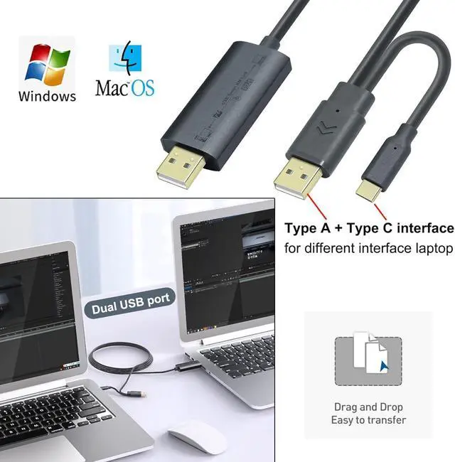 Alt view image 5 of 7 - DTech Computer to Computer USB Cable 6ft PC to PC Data Transfer Cord USB-C USB-A Windows 11 10 8 7 Vista XP MAC for USB 2.0 High Speed Easy File Sync Software Included