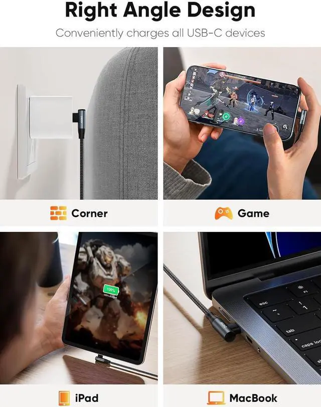 Alt view image 4 of 7 - CableCreation USB C to USB C Cable Right Angle 240W 3FT Fast Charging Type C Braided C Cord for iPhone 15 16 Pro Max, MacBook Pro/Air, iPad Pro/Air, S24/S23+, Pixel 9, Compatible 140/100/60W