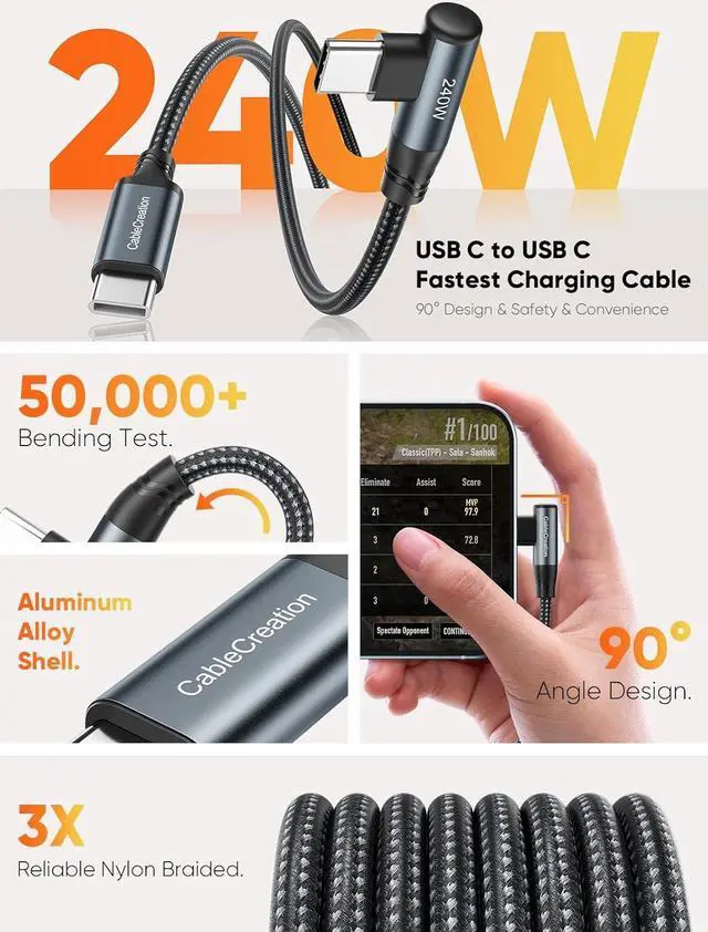 Alt view image 2 of 7 - CableCreation USB C to USB C Cable Right Angle 240W 3FT Fast Charging Type C Braided C Cord for iPhone 15 16 Pro Max, MacBook Pro/Air, iPad Pro/Air, S24/S23+, Pixel 9, Compatible 140/100/60W