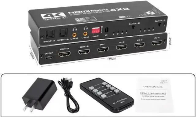 Main image of 4K HDMI Matrix Switch, Video Switcher Splitter 4 in 2 Out, Ultra HD 4K@60Hz, 3D, 18.5Gbps x 3 Data Rate, Optical and LR Audio Output, IR Remote, HDMI 2.0b, HDCP 2.2