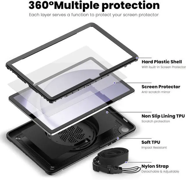 Alt view image 3 of 7 - Galaxy Tab A9+/A9 Plus Case 11" 2023 (SM-X210/X216/X218), Full Body Shockproof Protective Case with Screen Protector, 360°Rotating Stand, Hand/Shoulder Strap and Pen Holder, Black