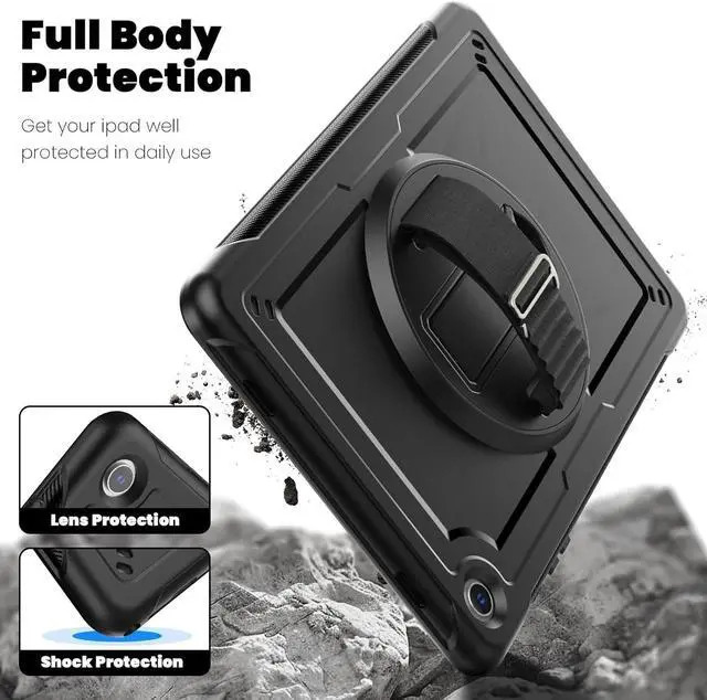 Alt view image 4 of 7 - Galaxy Tab A9+/A9 Plus Case 11" 2023 (SM-X210/X216/X218), Full Body Shockproof Protective Case with Screen Protector, 360°Rotating Stand, Hand/Shoulder Strap and Pen Holder, Black