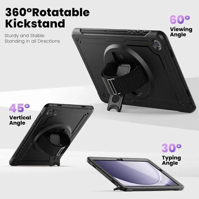 Alt view image 5 of 7 - Galaxy Tab A9+/A9 Plus Case 11" 2023 (SM-X210/X216/X218), Full Body Shockproof Protective Case with Screen Protector, 360°Rotating Stand, Hand/Shoulder Strap and Pen Holder, Black
