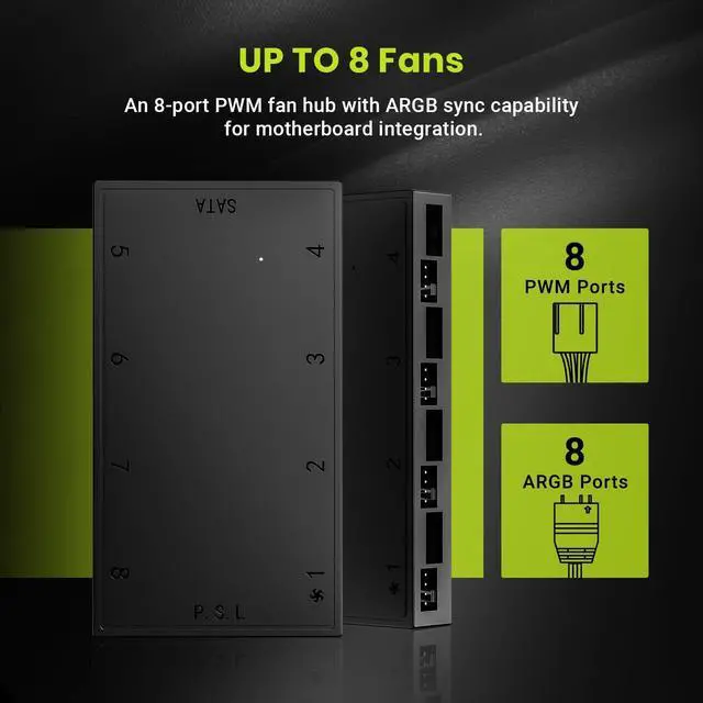 Alt view image 2 of 7 - ID-COOLING HA-08 Fan Hub for Computer Internal Fans, 8 PWM Ports+8 ARGB Ports, ARGB Motherboard Sync, SATA Powered PWM Functional Fan Adapter