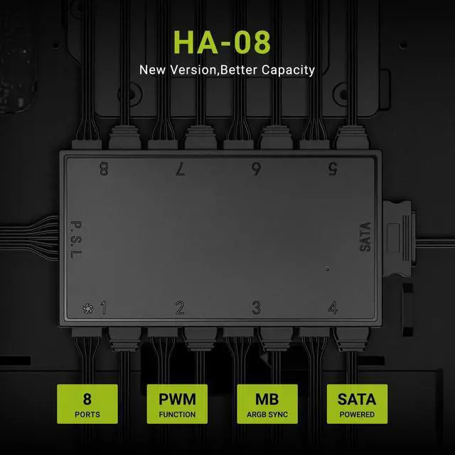 Alt view image 6 of 7 - ID-COOLING HA-08 Fan Hub for Computer Internal Fans, 8 PWM Ports+8 ARGB Ports, ARGB Motherboard Sync, SATA Powered PWM Functional Fan Adapter