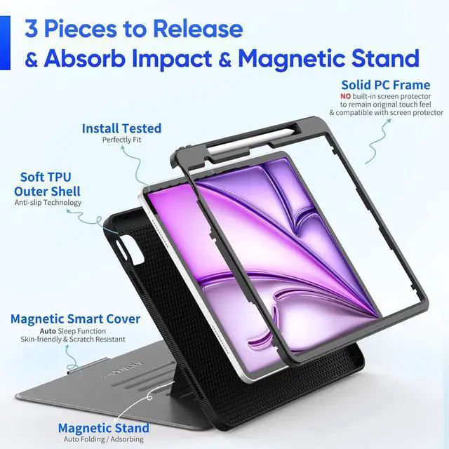 Alt view image 5 of 7 - Case for iPad Air 13 inch (M2) 2024/ Air 6th Generation, Auto Sleep/Wake Case with Magnetic Multi-Angles Stand, Card Slot, Black