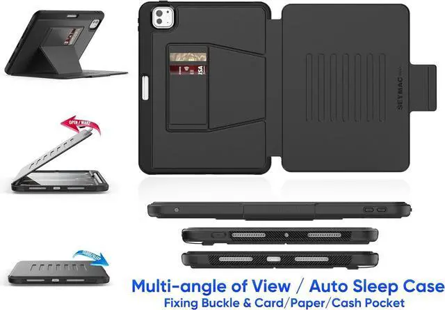 Alt view image 2 of 7 - Case for iPad Pro 11 inch (M4) 2024, Auto Sleep/Wake Case with Magnetic Multi-Angles Stand, Card Slot, Black
