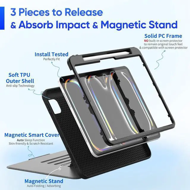 Alt view image 3 of 7 - Case for iPad Pro 11 inch (M4) 2024, Auto Sleep/Wake Case with Magnetic Multi-Angles Stand, Card Slot, Black