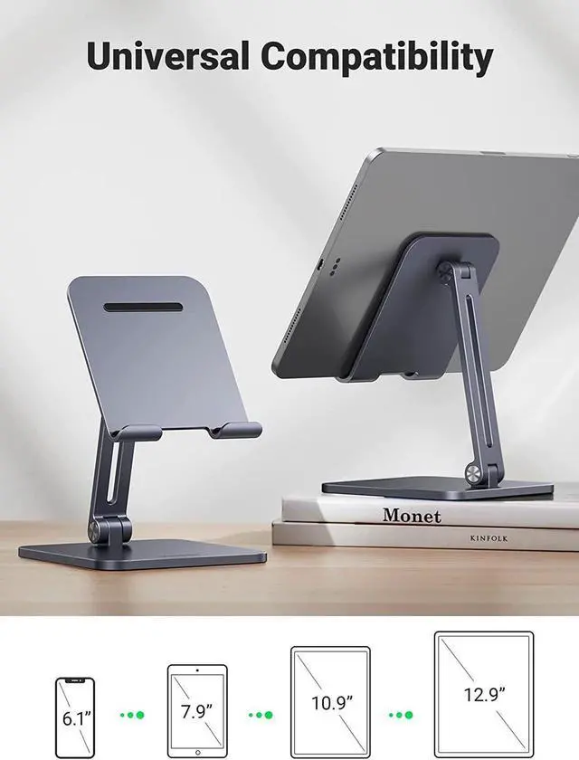 Alt view image 4 of 7 - UGREEN Tablet Stand Holder Adjustable Aluminum Portable Stand Holder for Desk Foldable Dock Heavy Duty Metal Base Compatible with ipad pro 12.9, 9.7, 10.5, ipad air Mini 4 3 2, Nintendo Switch Grey