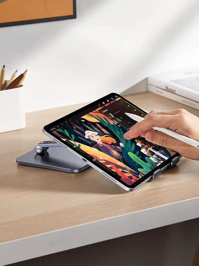 Alt view image 5 of 7 - UGREEN Tablet Stand Holder Adjustable Aluminum Portable Stand Holder for Desk Foldable Dock Heavy Duty Metal Base Compatible with ipad pro 12.9, 9.7, 10.5, ipad air Mini 4 3 2, Nintendo Switch Grey
