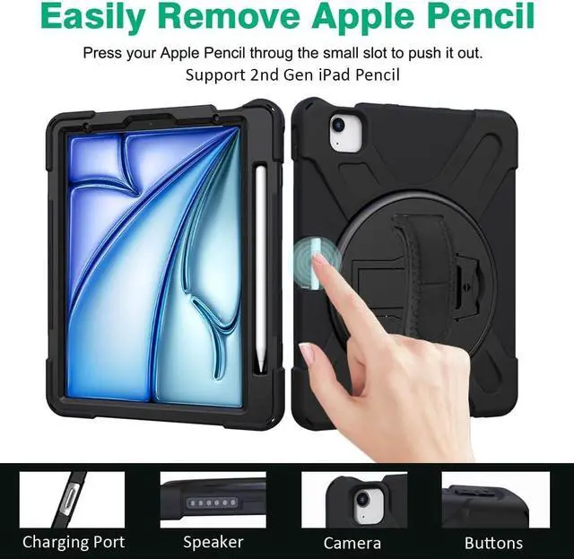 Alt view image 2 of 7 - Case for iPad Air 6th Generation M2 11 Inch 2024, iPad Air 5th Generation Case 2022/iPad Air 4th Generation Case 10.9 Inch 2020 with Kickstand/Hand Strap/Pencil Holder/Shoulder Strap, Black