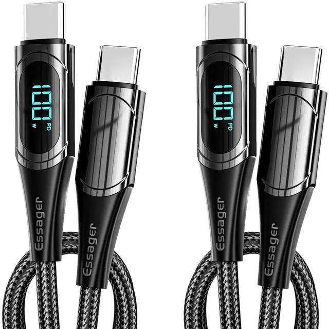 Main image of 100W USB C to USB C Cable Fast Charge with LED Display for iPhone 15, iPad Air/iPad Pro, MacBook Pro, Galaxy S21/S10/S9/Plus (6.6ft, Black, 2 Pack)
