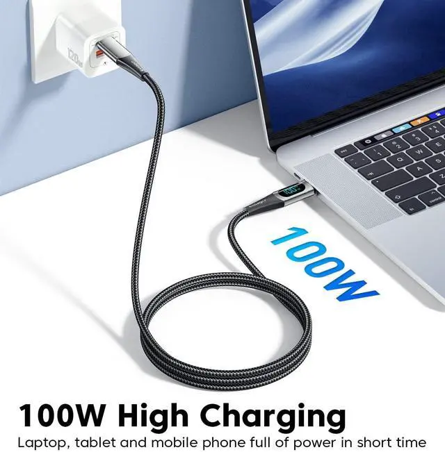 Alt view image 2 of 7 - 100W USB C to USB C Cable Fast Charge with LED Display for iPhone 15, iPad Air/iPad Pro, MacBook Pro, Galaxy S21/S10/S9/Plus (6.6ft, Black, 2 Pack)