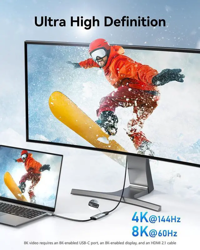 Alt view image 5 of 7 - USB C to HDMI 2.1 Adapter 8K@60Hz 4K@144Hz Aluminum Type-C to HDMI Cable, Compatible with Thunderbolt 4 3 Support 48Gbps/HDCP2.3/HDR for Laptop, Tablet