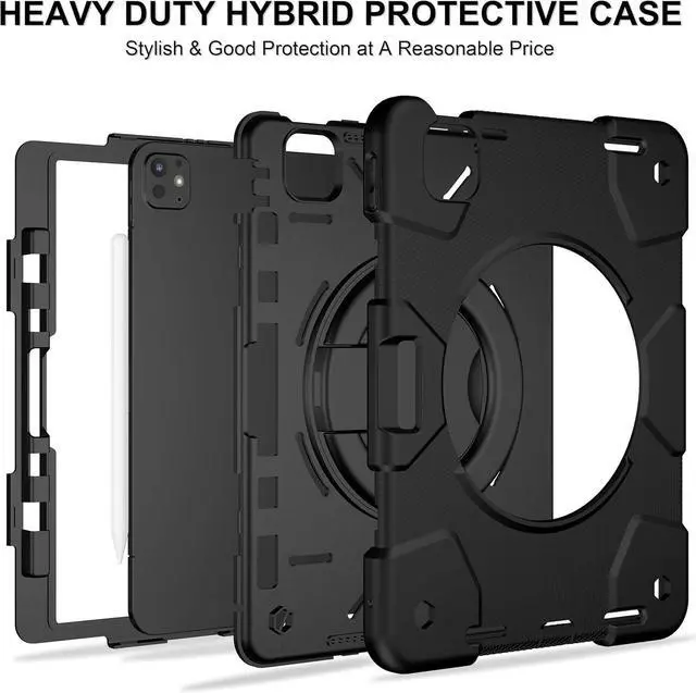 Alt view image 3 of 7 - Case for iPad Pro 11 Inch Case 2024 (M4) 5th Generation, Heavy Duty Shockproof Cover with 360° Rotating Handle/Bracket/Pen Holder/Shoulder Strap for A2836/A2837/A3006, Black