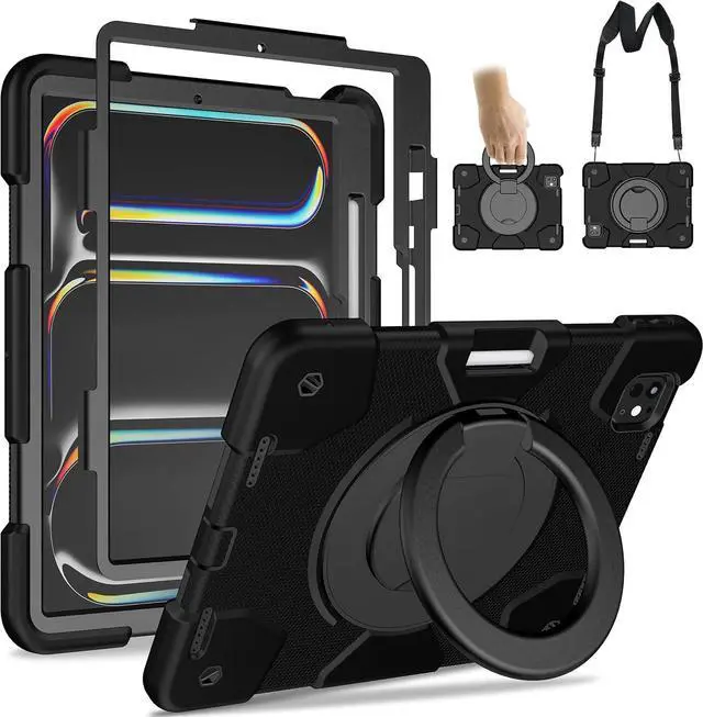 Main image of Case for iPad Pro 11 Inch Case 2024 (M4) 5th Generation, Heavy Duty Shockproof Cover with 360° Rotating Handle/Bracket/Pen Holder/Shoulder Strap for A2836/A2837/A3006, Black