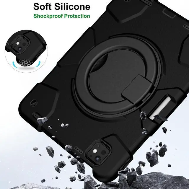 Alt view image 4 of 7 - Case for iPad Pro 11 Inch Case 2024 (M4) 5th Generation, Heavy Duty Shockproof Cover with 360° Rotating Handle/Bracket/Pen Holder/Shoulder Strap for A2836/A2837/A3006, Black
