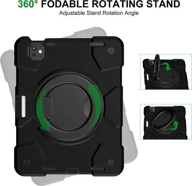 Alt view image 5 of 7 - Case for iPad Pro 11 Inch Case 2024 (M4) 5th Generation, Heavy Duty Shockproof Cover with 360° Rotating Handle/Bracket/Pen Holder/Shoulder Strap for A2836/A2837/A3006, Black