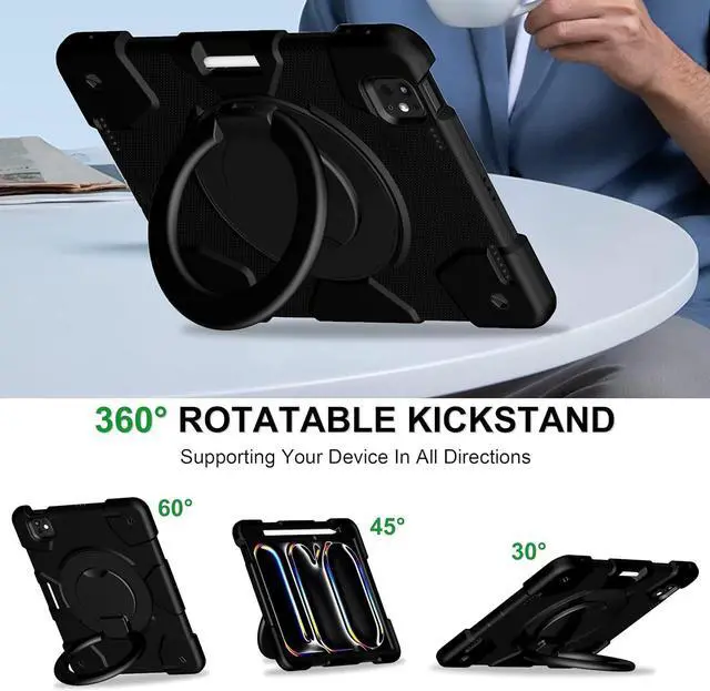 Alt view image 6 of 7 - Case for iPad Pro 11 Inch Case 2024 (M4) 5th Generation, Heavy Duty Shockproof Cover with 360° Rotating Handle/Bracket/Pen Holder/Shoulder Strap for A2836/A2837/A3006, Black