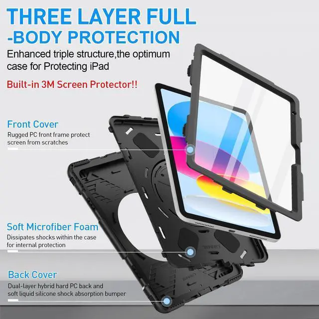 Alt view image 6 of 7 - Case for iPad 11/10th Generation 2025/2022, Upgraded Military Grade Heavy Duty Silicone Protector iPad 11/10th Gen 11/10.9 inch 2022 Cover Pencil Holder+ Rotating Stand+ Handle+ Shoulder Strap(Black)