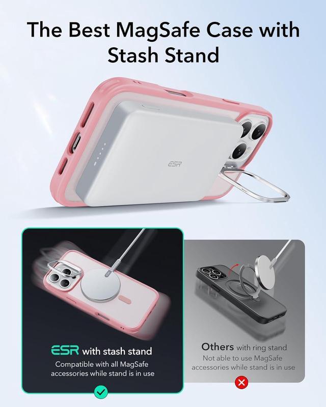 Alt view image 2 of 7 - ESR for iPhone 16 Pro Case, Camera Control Button Compatible with MagSafe, Military-Grade Protective Case, Built-in Stash Stand Phone Case, Scratch-Resistant Back Cover, Classic Series, Pink