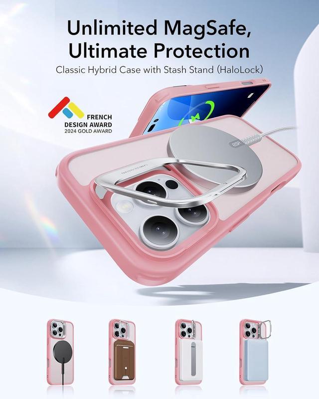 Alt view image 5 of 7 - ESR for iPhone 16 Pro Case, Camera Control Button Compatible with MagSafe, Military-Grade Protective Case, Built-in Stash Stand Phone Case, Scratch-Resistant Back Cover, Classic Series, Pink