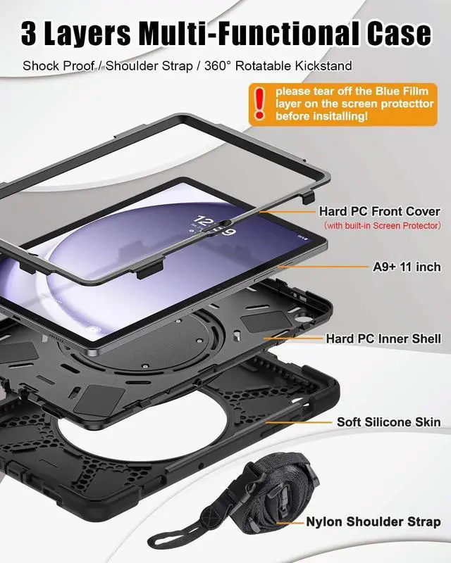Alt view image 4 of 7 - Case for Galaxy Tab A9+ Plus 11 Inch 2023 SM-X210/X216/X218, Heavy Duty Drop-Proof Case with Screen Protector, Shoulder Strap, Stable Kickstand for Galaxy Tab A9+/A9 Plus 11'', Black