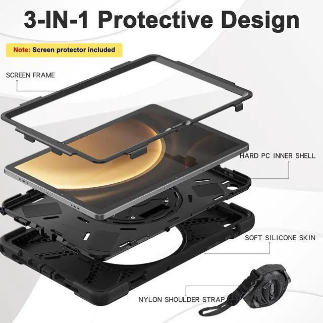 Alt view image 3 of 7 - Case for Galaxy Tab A9 Plus Case 11 Inch 2023, Shockproof Hard Duty Case with Screen Protector &360 Rotating Stand&Hand Strap/Shoulder Strap for Galaxy A9 Plus Tablet-Black