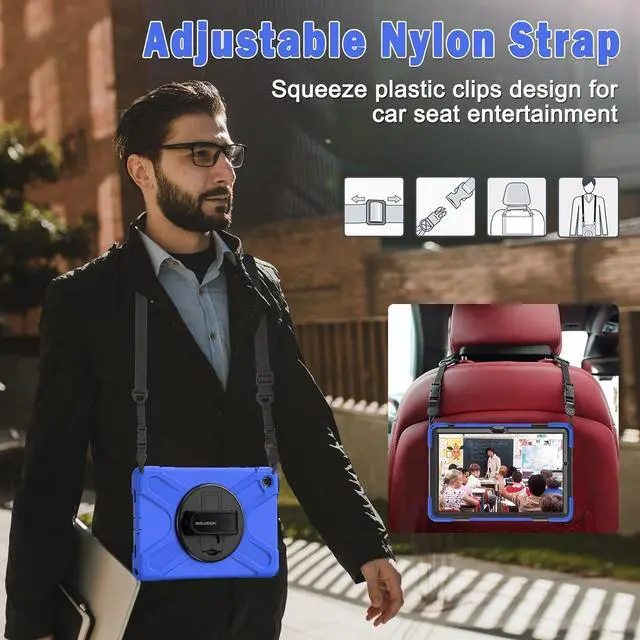 Alt view image 5 of 7 - Case for Galaxy Tab A9 Plus Case 11 Inch 2023, Shockproof Hard Duty Case with Screen Protector &360 Rotating Stand&Hand Strap/Shoulder Strap for Galaxy A9 Plus Tablet-Black Blue