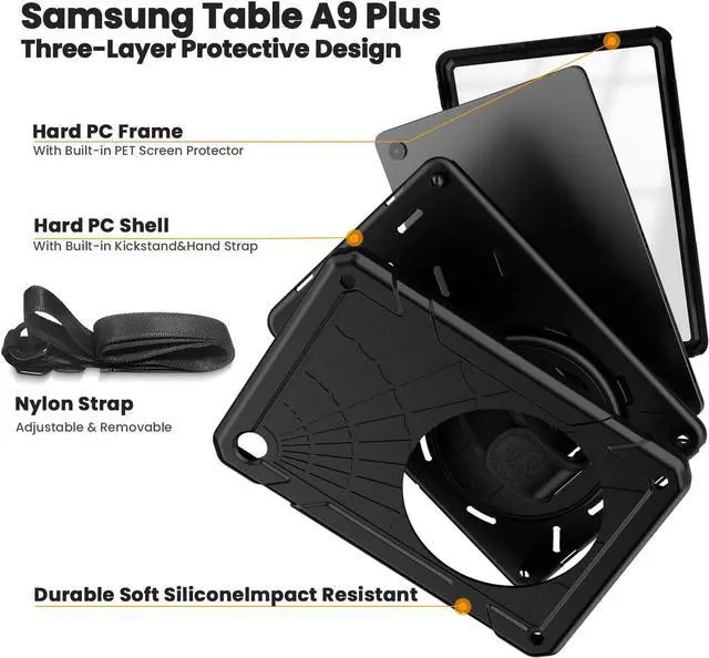 Alt view image 4 of 7 - Case for Galaxy Tab A9+ / A9 Plus 11'' 2023 (SM-X210/X216/X218), Shockproof Hard Duty Case with Screen Protector+360 Rotating Hand Strap&Stand+Shoulder Strap for Tab A9+ Tablet, Black
