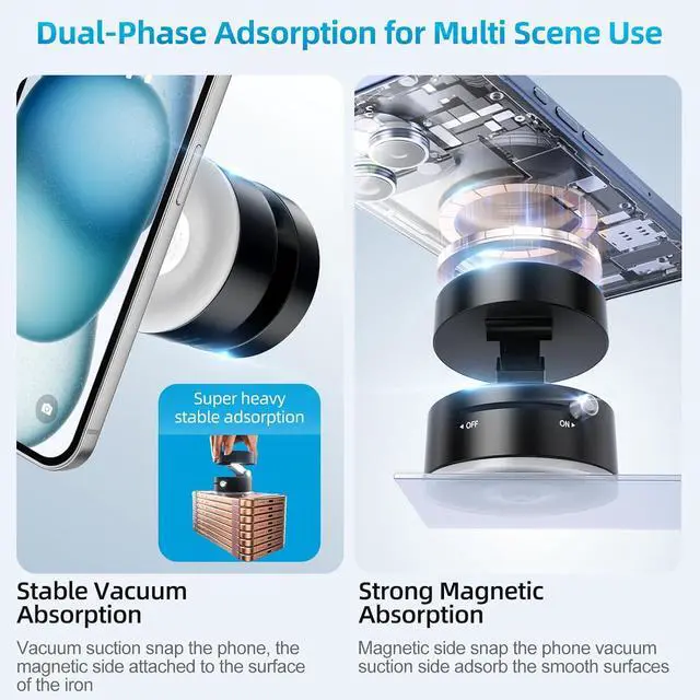 Alt view image 2 of 7 - Vacuum Suction Magnetic Phone Holder, 2-Pack Adjustable Vacuum Magnetic Car Phone Holder Foldable Vacuum Magnetic Cell Phone Holder Stand Suction Phone mount for iPhone 16/15/14/Gym/Shower/Car/Mirror