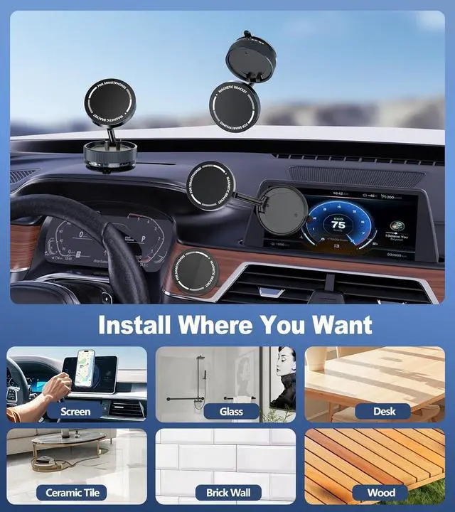 Alt view image 6 of 7 - Vacuum Magnetic Phone Holder - Upgraded 360° Rotatable Suction Cup Phone Mount,Foldable Portable Vacuum Strong Magnet Cell Phone Stand for Car Windshield Smooth Surface,Compatible with Magsafe iPhone