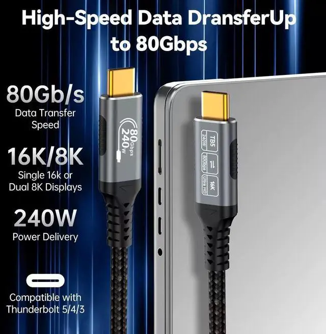 Main image of Thunderbolt 5 Cable, Supports 8K Display/ 80Gbps Data Transfer/ 120Gbps Bandwidth Boost/ 240W Fast Charging, Compatible with Thunderbolt 4, USB4, Thunderbolt 3 and USB-C, Black, 3.3FT