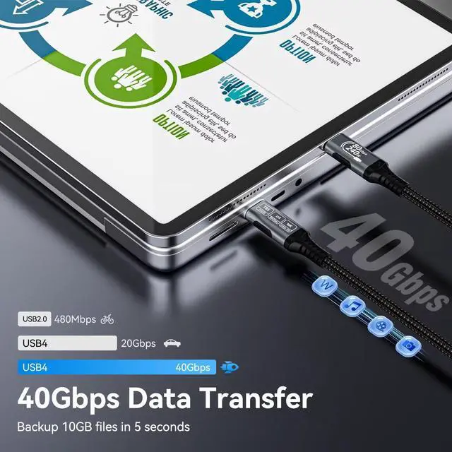 Alt view image 4 of 7 - Thunderbolt 5 Cable, Supports 8K Display/ 80Gbps Data Transfer/ 120Gbps Bandwidth Boost/ 240W Fast Charging, Compatible with Thunderbolt 4, USB4, Thunderbolt 3 and USB-C, Black, 3.3FT