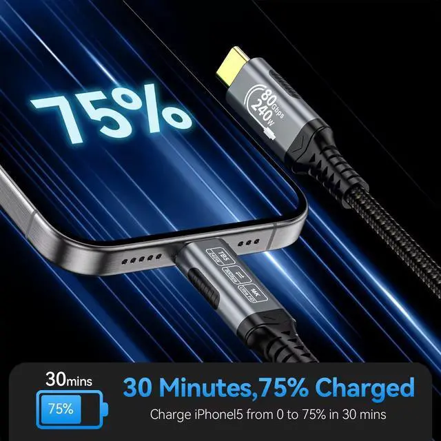 Alt view image 6 of 7 - Thunderbolt 5 Cable, Supports 8K Display/ 80Gbps Data Transfer/ 120Gbps Bandwidth Boost/ 240W Fast Charging, Compatible with Thunderbolt 4, USB4, Thunderbolt 3 and USB-C, Black, 3.3FT