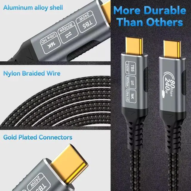 Alt view image 2 of 7 - Thunderbolt 5 Cable, Supports 8K Display/ 80Gbps Data Transfer/ 120Gbps Bandwidth Boost/ 240W Fast Charging, Compatible with Thunderbolt 4, USB4, Thunderbolt 3 and USB-C, Black, 3.3FT