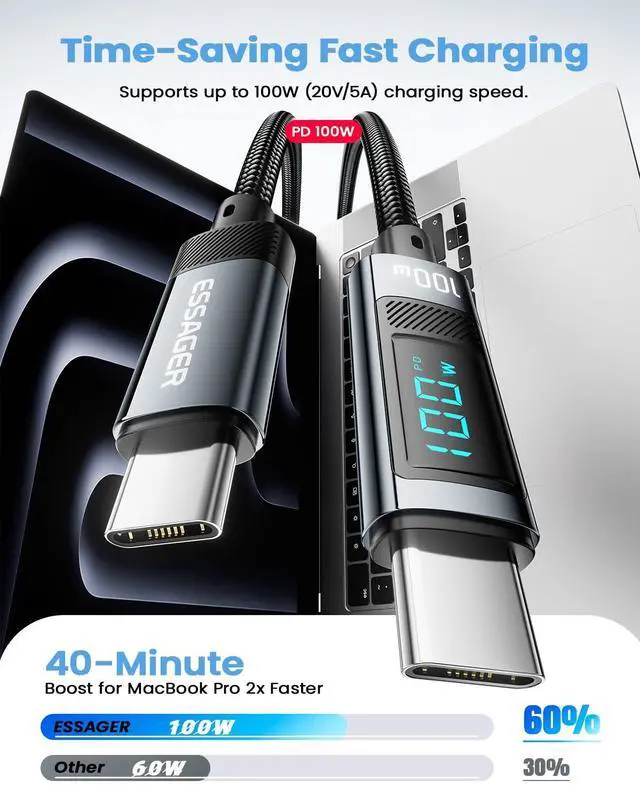 Alt view image 4 of 7 - 100W USB C to C Cable,Wattage Display Cord, 6.6FT Nylon Braided Fast Charging Cable with LED Display for iPhone 15/15 Pro/15 Plus,iPad Air, MacBook Pro, Galaxy S24/S23, Drone, Cameras(1Pack)