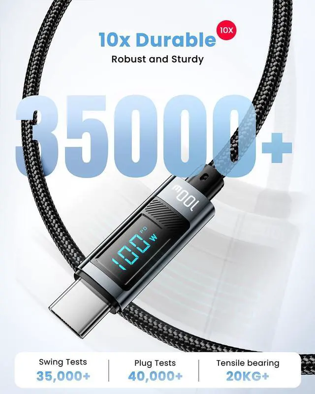 Alt view image 6 of 7 - 100W USB C to C Cable,Wattage Display Cord, 6.6FT Nylon Braided Fast Charging Cable with LED Display for iPhone 15/15 Pro/15 Plus,iPad Air, MacBook Pro, Galaxy S24/S23, Drone, Cameras(1Pack)