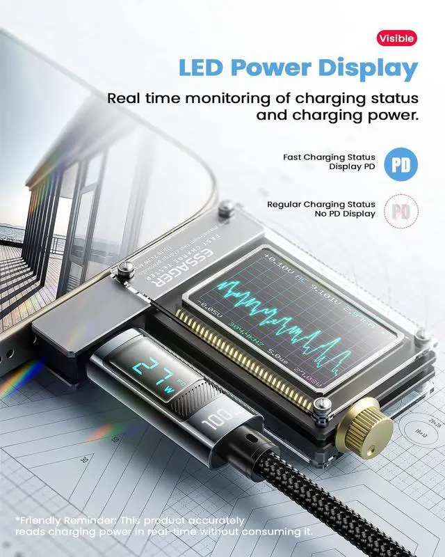 Alt view image 5 of 7 - 100W USB C to C Cable,Wattage Display Cord, 6.6FT Nylon Braided Fast Charging Cable with LED Display for iPhone 15/15 Pro/15 Plus,iPad Air, MacBook Pro, Galaxy S24/S23, Drone, Cameras(1Pack)