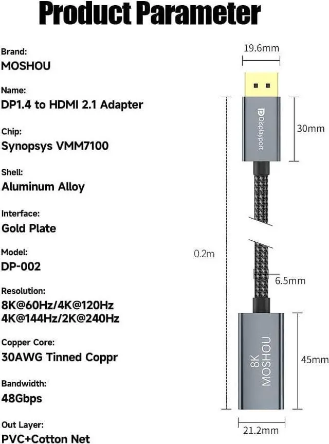 Alt view image 5 of 6 - DisplayPort 1.4 to HDMI 2.1 Adapter, Support 4k@120Hz, 8K@60Hz, HDR, Uni-Directional Converter for RTX3080/3090, RX6800/6900 and More