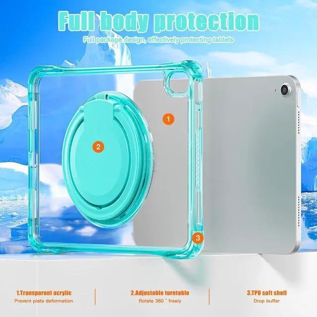 Alt view image 4 of 7 - Case for iPad Case 11 inch (A16) 11th Generation 2025 / iPad 10.9 Inch 10th Generation 2022, Heavy Duty Shockproof Kids Screen Protector Rotate Stand Clear Back Tablet Cover,Clear Green